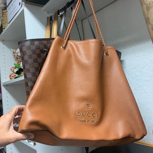 Authentic Gucci Tan Leather Hobo Bag - Large - Drawstring Braided Handles - Picture 1 of 8